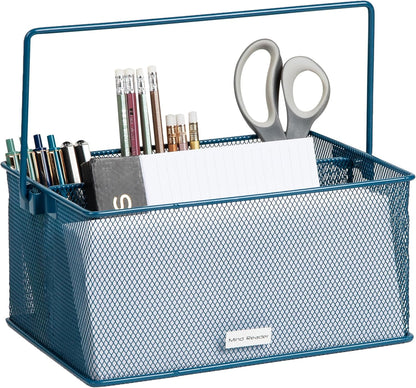 Multi-purpose Storage Caddy with Handle, Desktop Organizer, Cutlery Holder, 4 Compartments, Metal Mesh, Black
