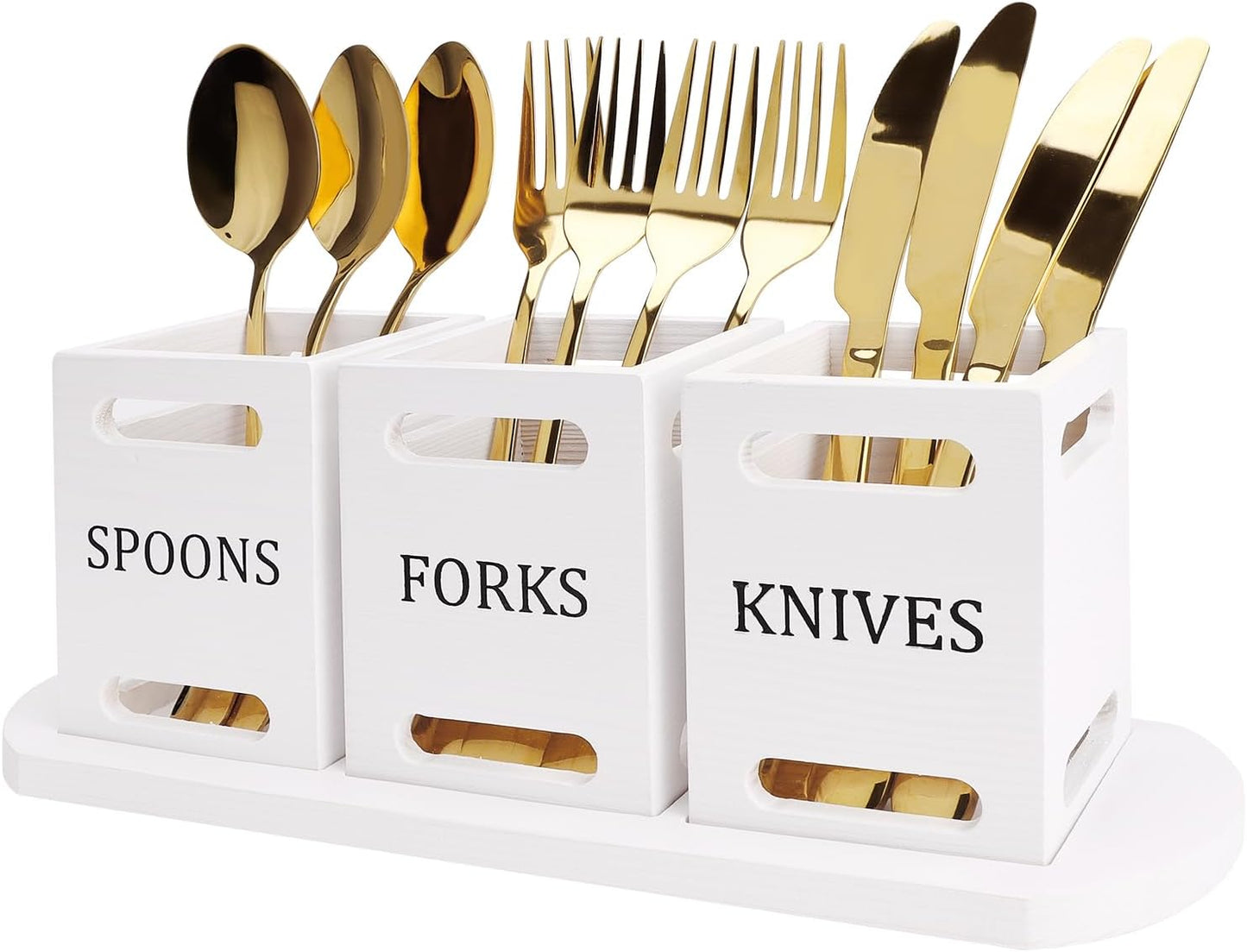 Wooden Flatware Silverware Caddy for Party White Cutlery Holder Small Utensil Holders for Kitchen Counter Wood Silverware Organizer Countertop Knife Fork and Spoon Holder Table Utensil Caddy