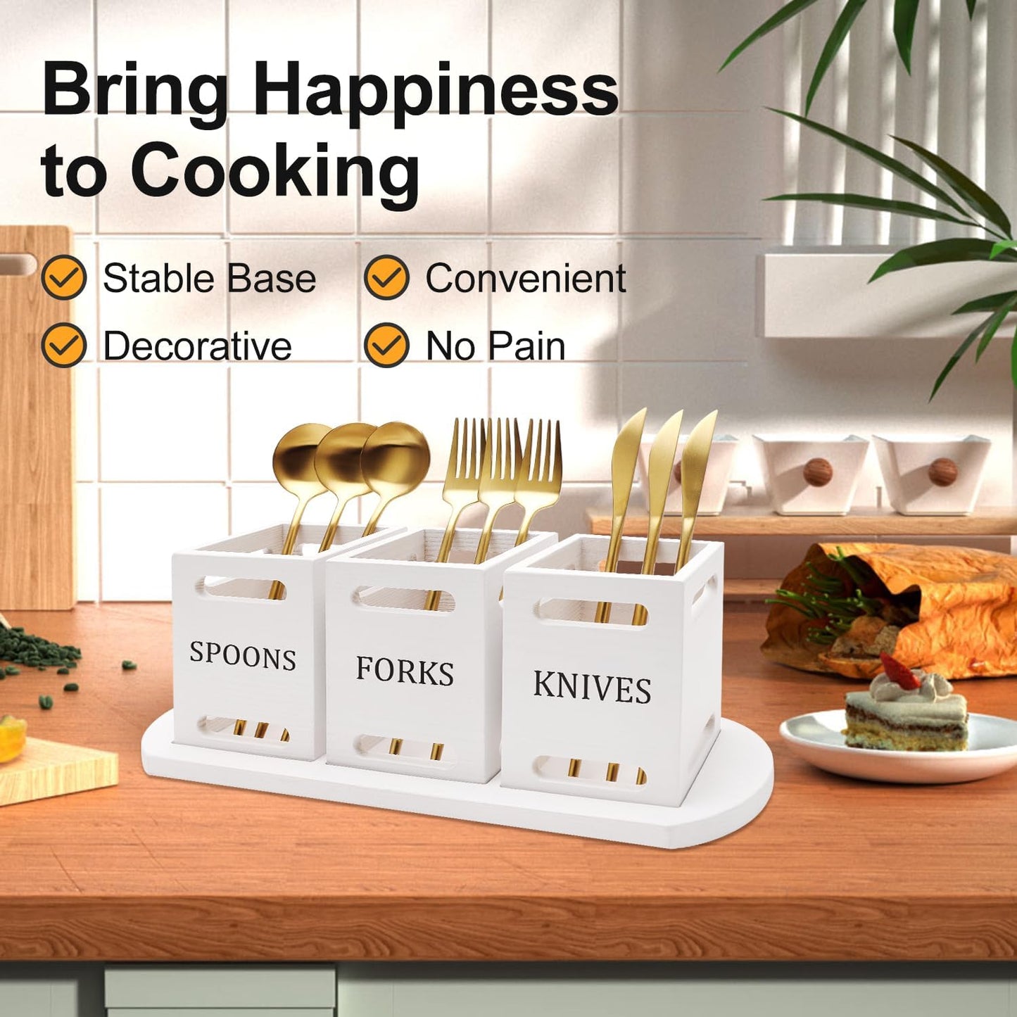 Wooden Flatware Silverware Caddy for Party White Cutlery Holder Small Utensil Holders for Kitchen Counter Wood Silverware Organizer Countertop Knife Fork and Spoon Holder Table Utensil Caddy