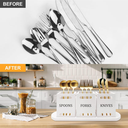 Wooden Flatware Silverware Caddy for Party White Cutlery Holder Small Utensil Holders for Kitchen Counter Wood Silverware Organizer Countertop Knife Fork and Spoon Holder Table Utensil Caddy
