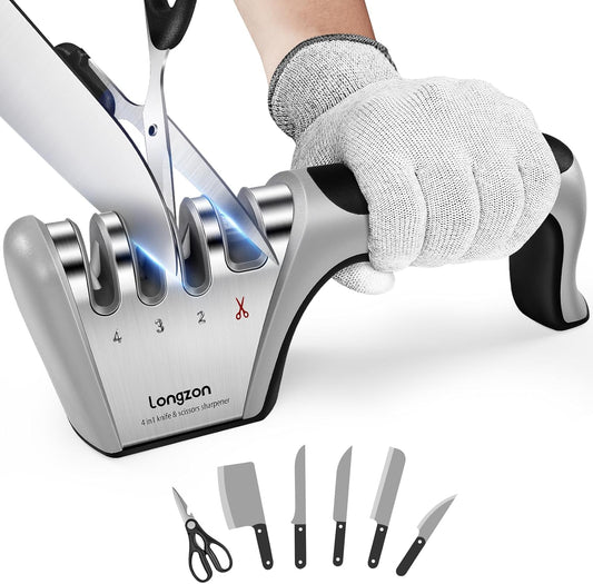 5-in-1 Knife Sharpener 4 Stage with Cut-Resistant Glove, Quickly Sharpens & Restores Dull Blades, Easy & Safe for Home Kitchen Use, Fits Most Knives and Scissors, Black+Silver