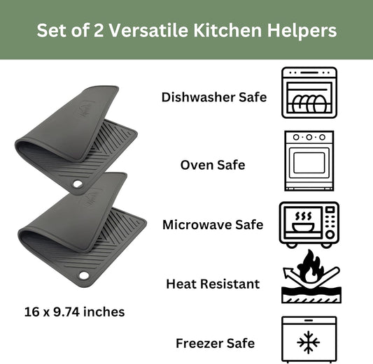 2 Silicone Kitchen Utility Mats, Heat Resistant, Multipurpose, Food Grade | Double-Sided, Dish Drying Mat, Non-Slip Cutting Board, Pet Bowl Mat, Counter Protector, 16 x 9.74 inches