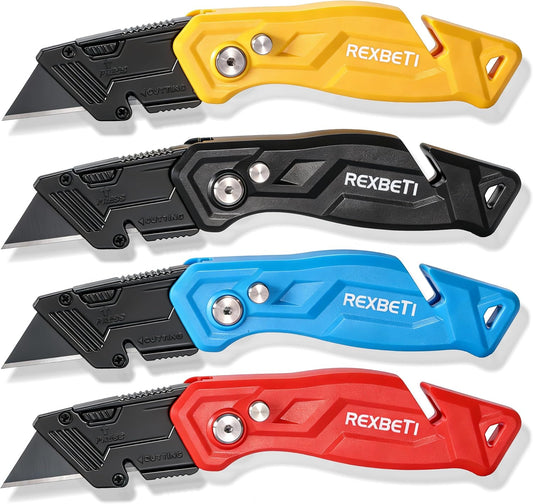 4-Pack Box Cutter Utility Knife, Folding Pocket Knife, 14 Blades | SK2 Black-Coated Anti-Rust Blades, Quick-Change Design, Safety Lock, One-Hand Operation, Folding Design for Cartons and DIY