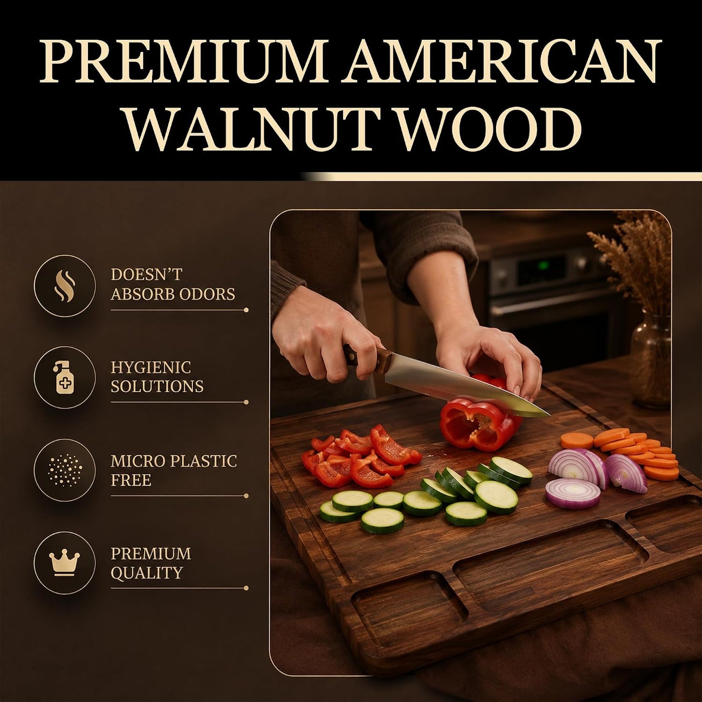 Walnut Cutting Board for Kitchen - Large Wooden End Grain Chopping Board with Handle & Groove - Wood Butcher Block - Double-Sided Charcuterie Serving Tray for Meat, Cheese & More - 16.4”x12.4”x1”