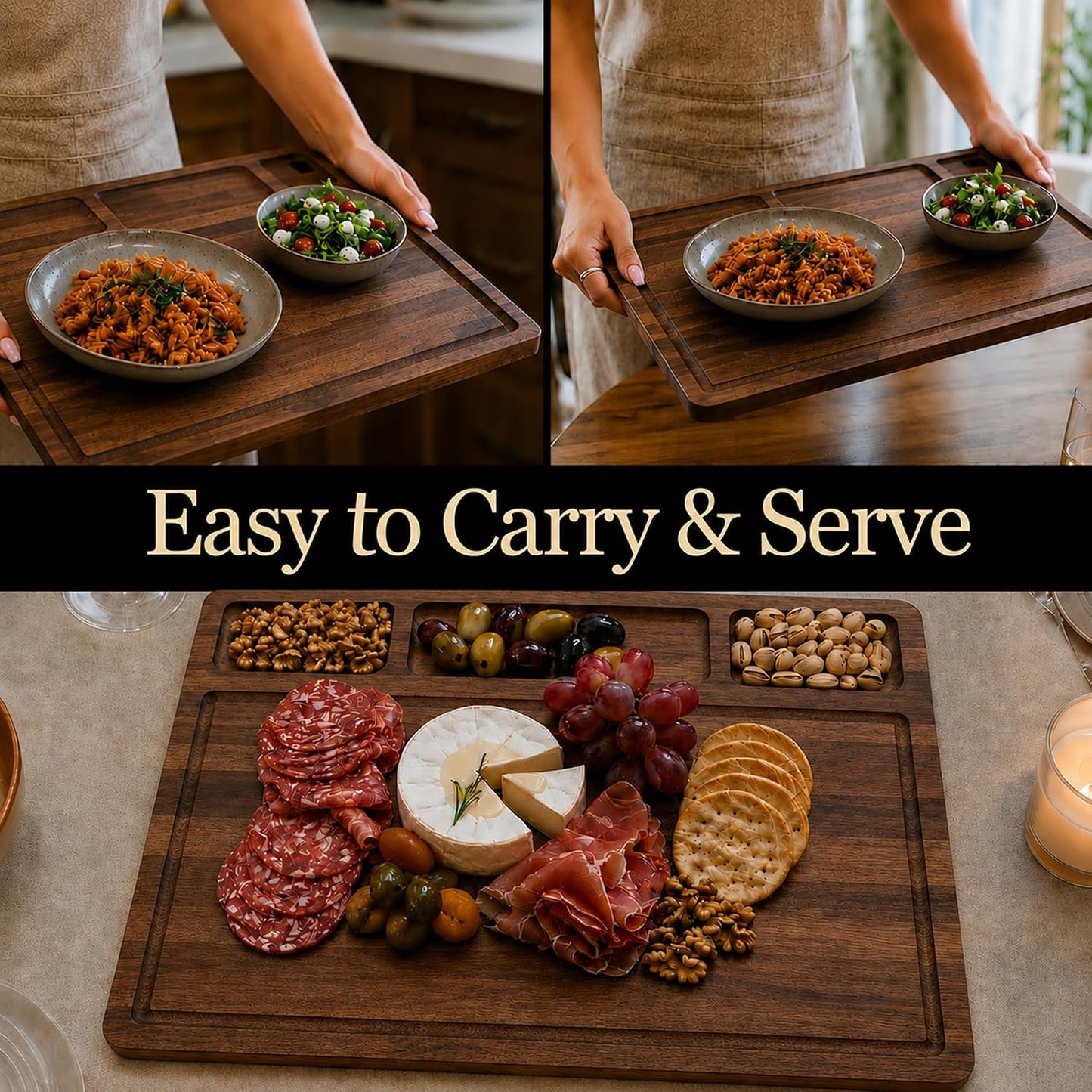 Walnut Cutting Board for Kitchen - Large Wooden End Grain Chopping Board with Handle & Groove - Wood Butcher Block - Double-Sided Charcuterie Serving Tray for Meat, Cheese & More - 16.4”x12.4”x1”