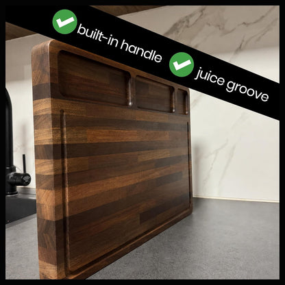 Walnut Cutting Board for Kitchen - Large Wooden End Grain Chopping Board with Handle & Groove - Wood Butcher Block - Double-Sided Charcuterie Serving Tray for Meat, Cheese & More - 16.4”x12.4”x1”