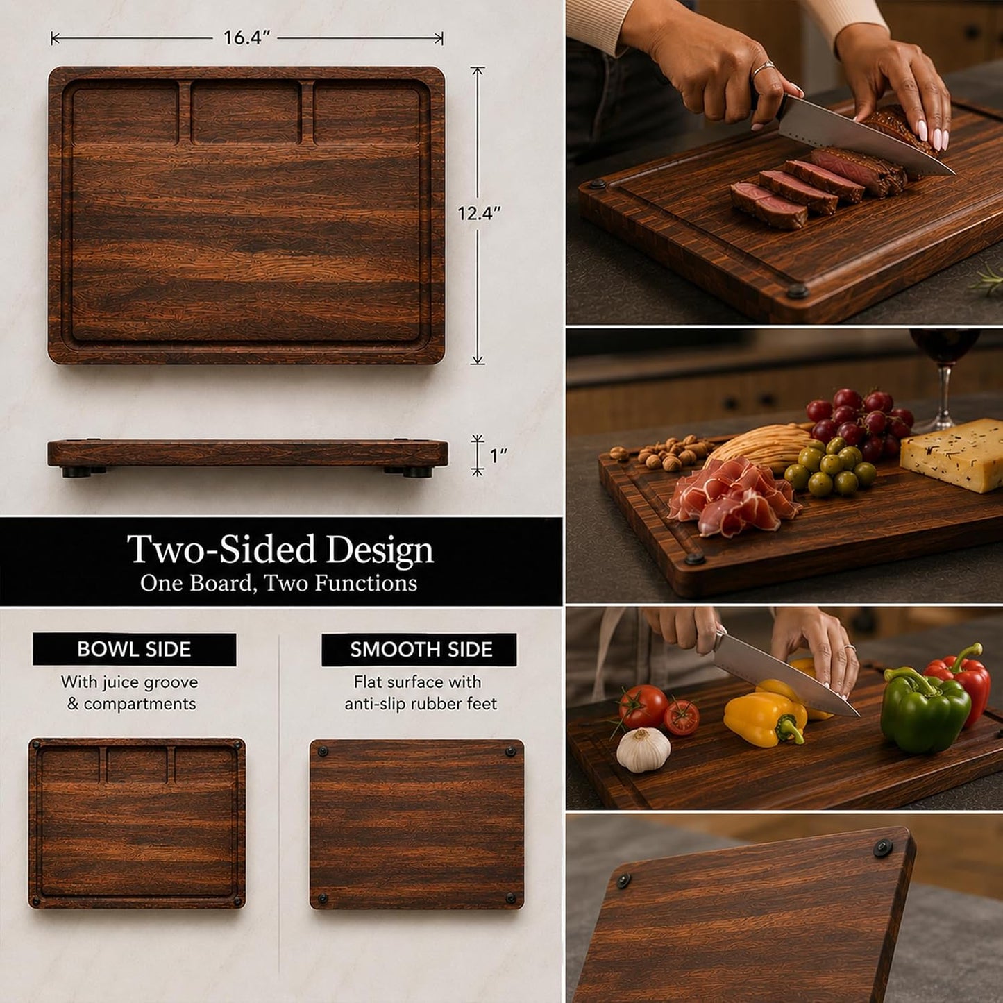 Walnut Cutting Board for Kitchen - Large Wooden End Grain Chopping Board with Handle & Groove - Wood Butcher Block - Double-Sided Charcuterie Serving Tray for Meat, Cheese & More - 16.4”x12.4”x1”