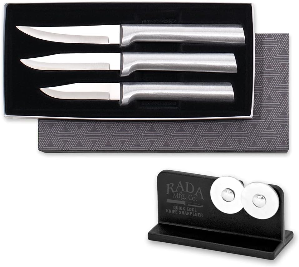Paring Knife Galore Gift Set (S01) + Sharpener, Silver Handle | 3-Piece Knife Set with Quick Edge Sharpener (R119), Stainless Steel Blades, Silver Cast Aluminum Handle