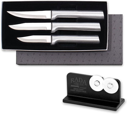 Paring Knife Galore Gift Set (S01) + Sharpener, Silver Handle | 3-Piece Knife Set with Quick Edge Sharpener (R119), Stainless Steel Blades, Silver Cast Aluminum Handle