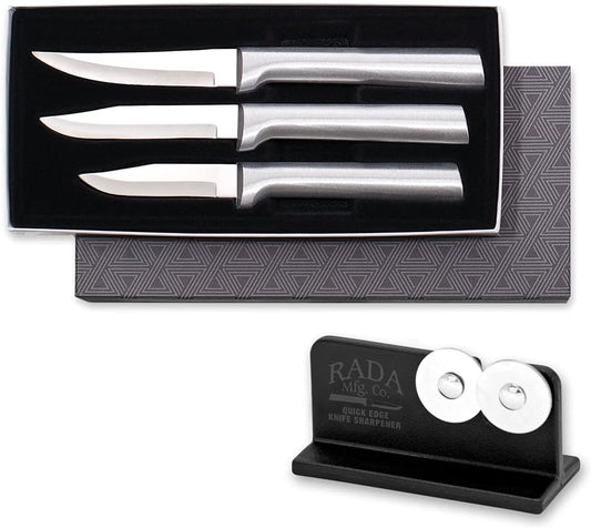 Paring Knife Galore Gift Set (S01) + Sharpener, Silver Handle | 3-Piece Knife Set with Quick Edge Sharpener (R119), Stainless Steel Blades, Silver Cast Aluminum Handle
