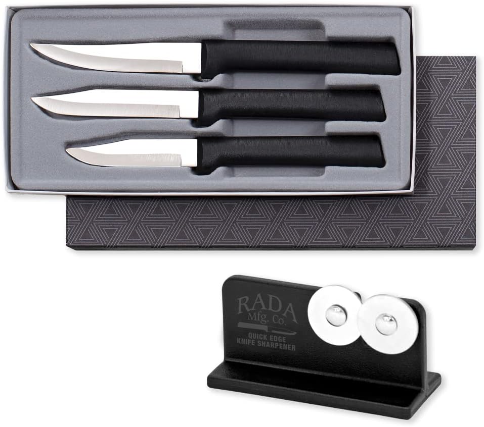 Paring Knife Galore Gift Set (S01) + Sharpener, Silver Handle | 3-Piece Knife Set with Quick Edge Sharpener (R119), Stainless Steel Blades, Silver Cast Aluminum Handle