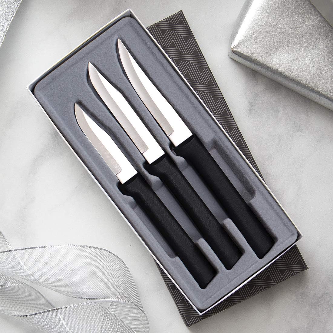 Paring Knife Galore Gift Set (S01) + Sharpener, Silver Handle | 3-Piece Knife Set with Quick Edge Sharpener (R119), Stainless Steel Blades, Silver Cast Aluminum Handle