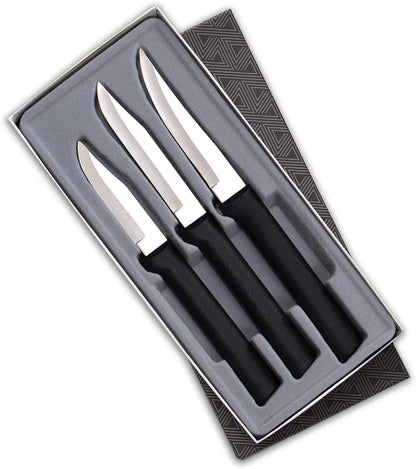 Paring Knife Galore Gift Set (S01) + Sharpener, Silver Handle | 3-Piece Knife Set with Quick Edge Sharpener (R119), Stainless Steel Blades, Silver Cast Aluminum Handle