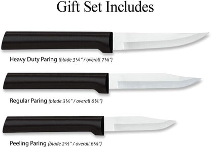 Paring Knife Galore Gift Set (S01) + Sharpener, Silver Handle | 3-Piece Knife Set with Quick Edge Sharpener (R119), Stainless Steel Blades, Silver Cast Aluminum Handle