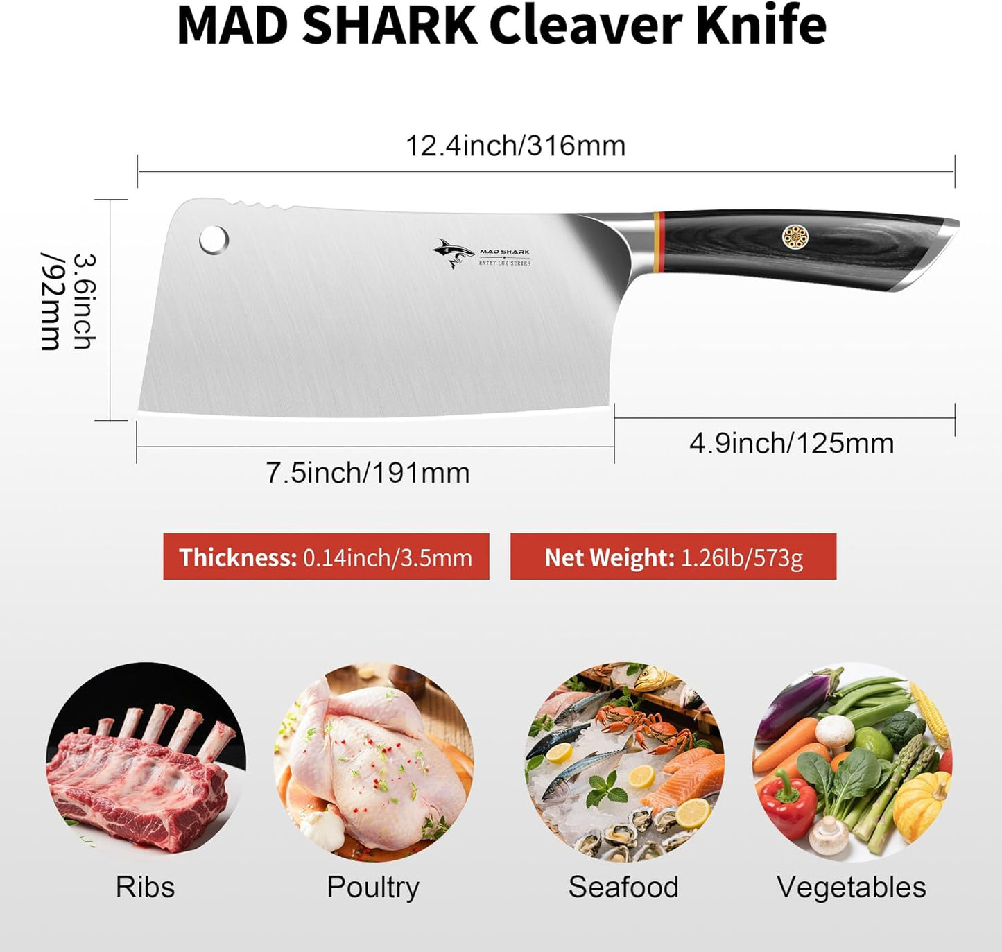 Meat Cleaver, Professional 7.5 Inch Bone Chopping Butcher Knife with Heavy Duty Blade, German Military Grade Composite Steel, Chinese Chef's Bone Cutting Knife for Home Kitchen & Restaurant