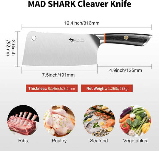 Meat Cleaver, Professional 7.5 Inch Bone Chopping Butcher Knife with Heavy Duty Blade, German Military Grade Composite Steel, Chinese Chef's Bone Cutting Knife for Home Kitchen & Restaurant