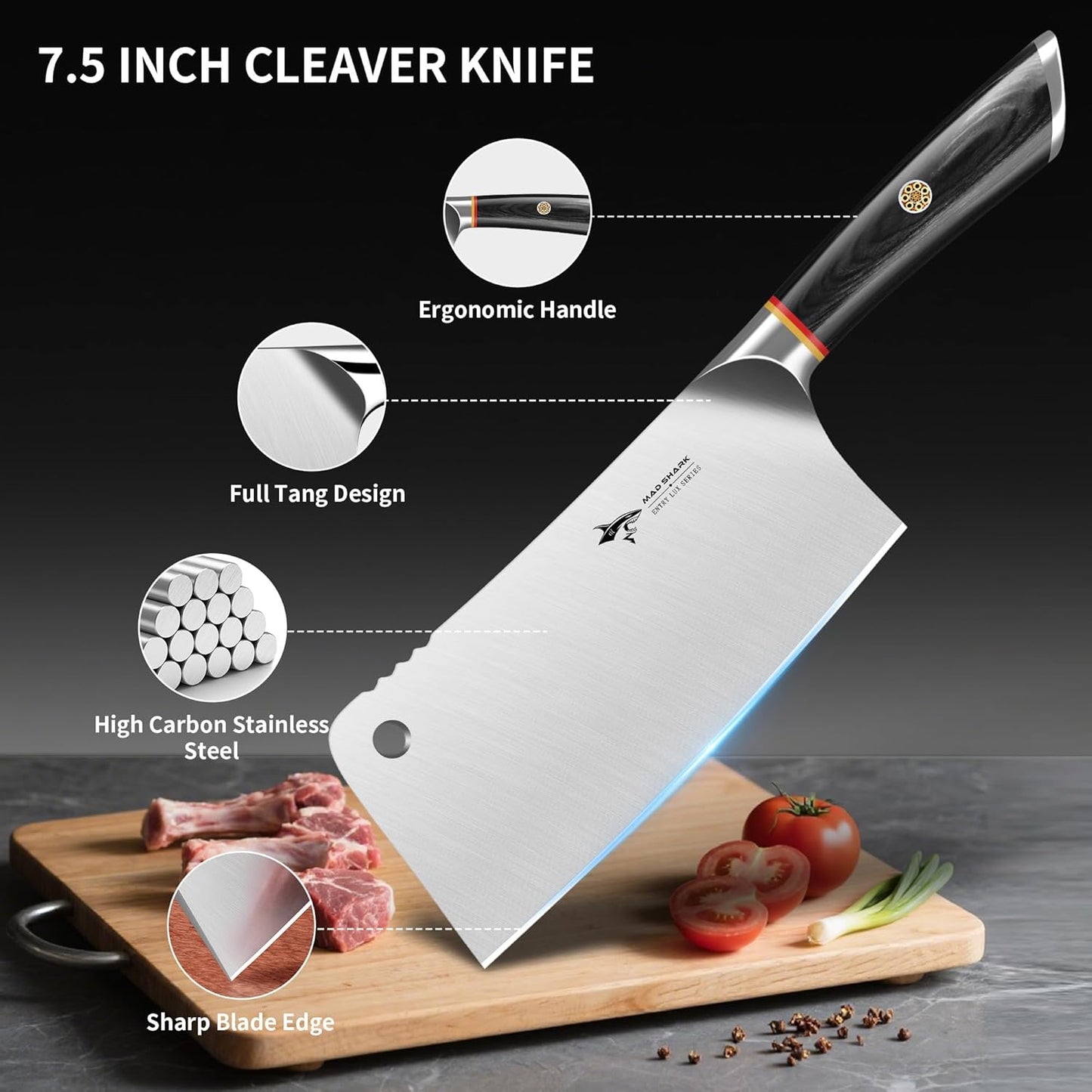 Meat Cleaver, Professional 7.5 Inch Bone Chopping Butcher Knife with Heavy Duty Blade, German Military Grade Composite Steel, Chinese Chef's Bone Cutting Knife for Home Kitchen & Restaurant