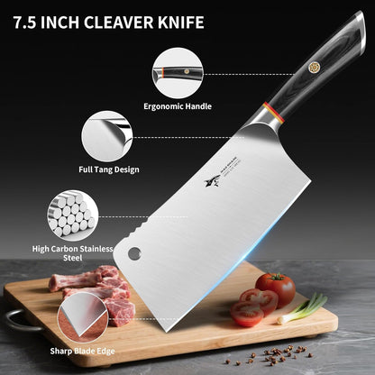 Meat Cleaver, Professional 7.5 Inch Bone Chopping Butcher Knife with Heavy Duty Blade, German Military Grade Composite Steel, Chinese Chef's Bone Cutting Knife for Home Kitchen & Restaurant