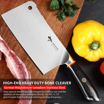 Meat Cleaver, Professional 7.5 Inch Bone Chopping Butcher Knife with Heavy Duty Blade, German Military Grade Composite Steel, Chinese Chef's Bone Cutting Knife for Home Kitchen & Restaurant
