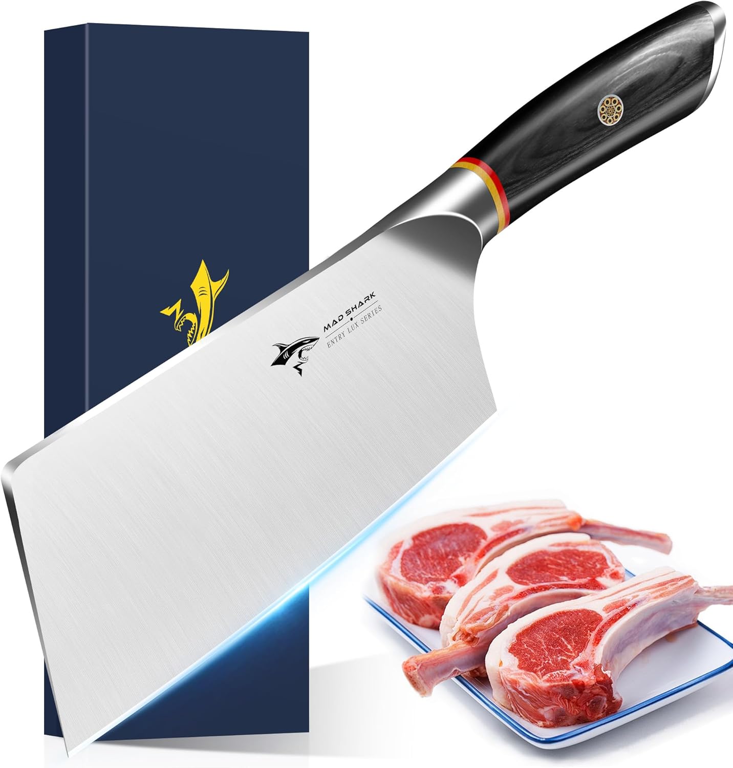 Meat Cleaver, Professional 7.5 Inch Bone Chopping Butcher Knife with Heavy Duty Blade, German Military Grade Composite Steel, Chinese Chef's Bone Cutting Knife for Home Kitchen & Restaurant