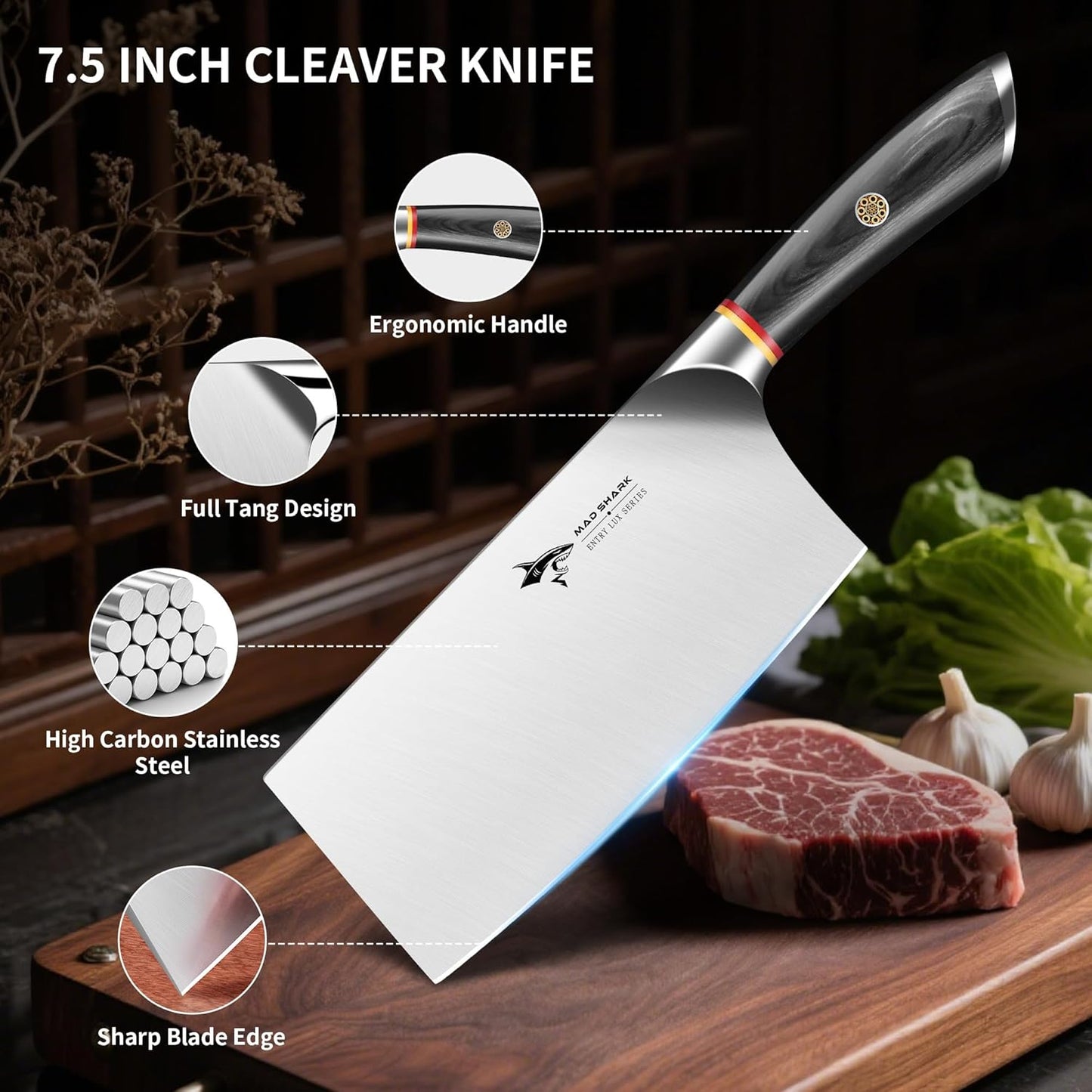 Meat Cleaver, Professional 7.5 Inch Bone Chopping Butcher Knife with Heavy Duty Blade, German Military Grade Composite Steel, Chinese Chef's Bone Cutting Knife for Home Kitchen & Restaurant