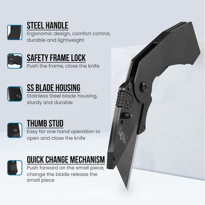 6-Pack Folding Utility Knife, Quick-Change Box Cutter with Razor Blades & Belt Clip, Portable Construction Tool for DIY, Outdoor & Warehouse Use, Black