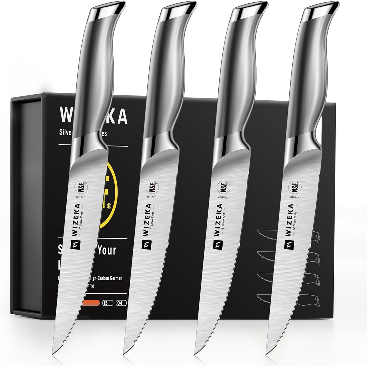 5 Inch Half Serrated Edge Steak Knife Set of 4, Razor Sharp | Effortless smooth cuts, German high-carbon stainless steel, Elegant storage box, NSF certified, Long-lasting edge