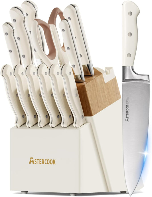 Knife Set, Kitchen Knife Set with Block 14-Piece Full Tang Stainless Steel Knives with Sharpener Dishwasher Safe and Anti-Slip Ergonomic Handle Utensils Set