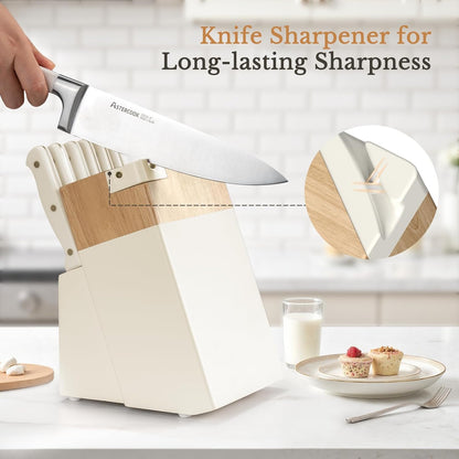 Knife Set, Kitchen Knife Set with Block 14-Piece Full Tang Stainless Steel Knives with Sharpener Dishwasher Safe and Anti-Slip Ergonomic Handle Utensils Set