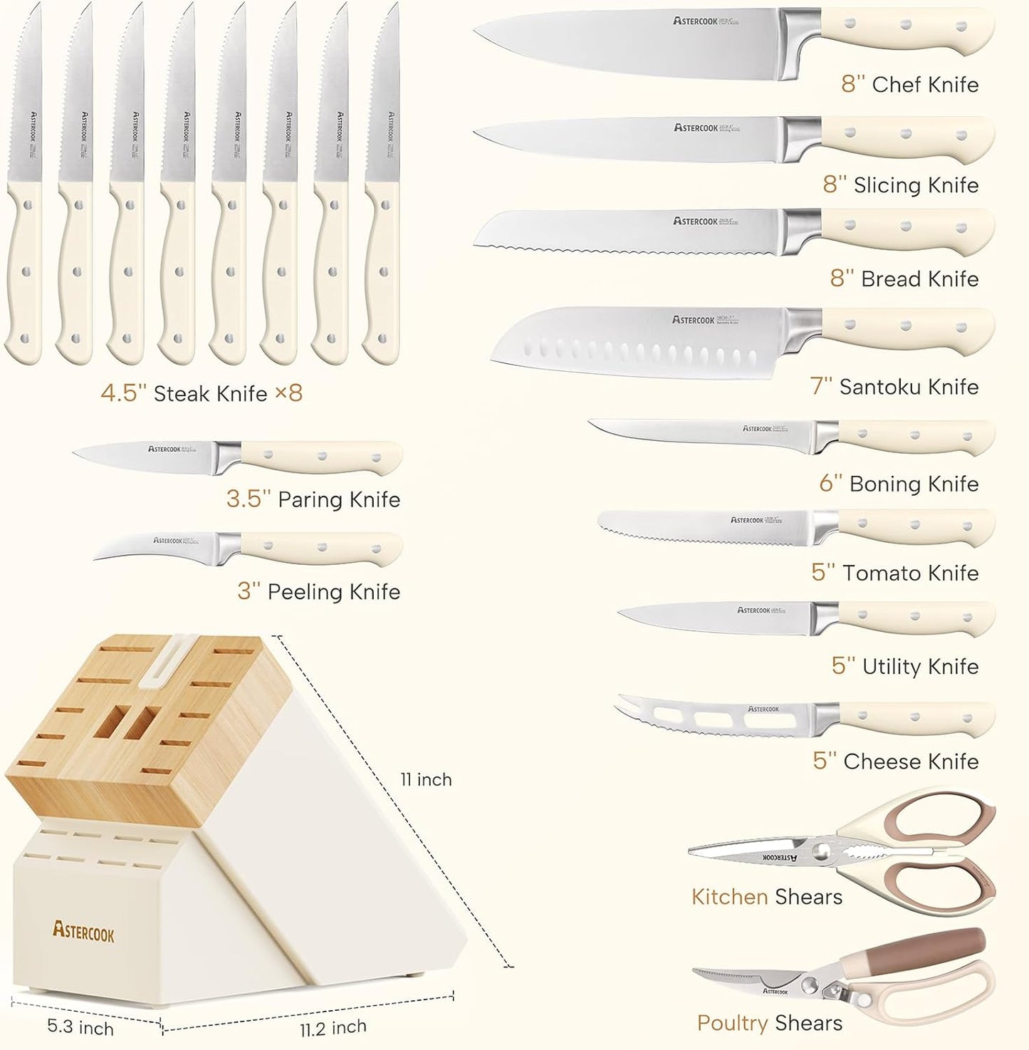 Knife Set, Kitchen Knife Set with Block 14-Piece Full Tang Stainless Steel Knives with Sharpener Dishwasher Safe and Anti-Slip Ergonomic Handle Utensils Set