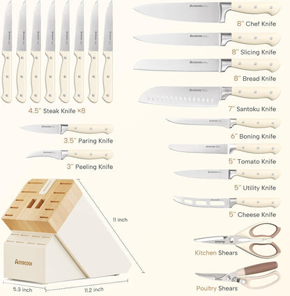 Knife Set, Kitchen Knife Set with Block 14-Piece Full Tang Stainless Steel Knives with Sharpener Dishwasher Safe and Anti-Slip Ergonomic Handle Utensils Set