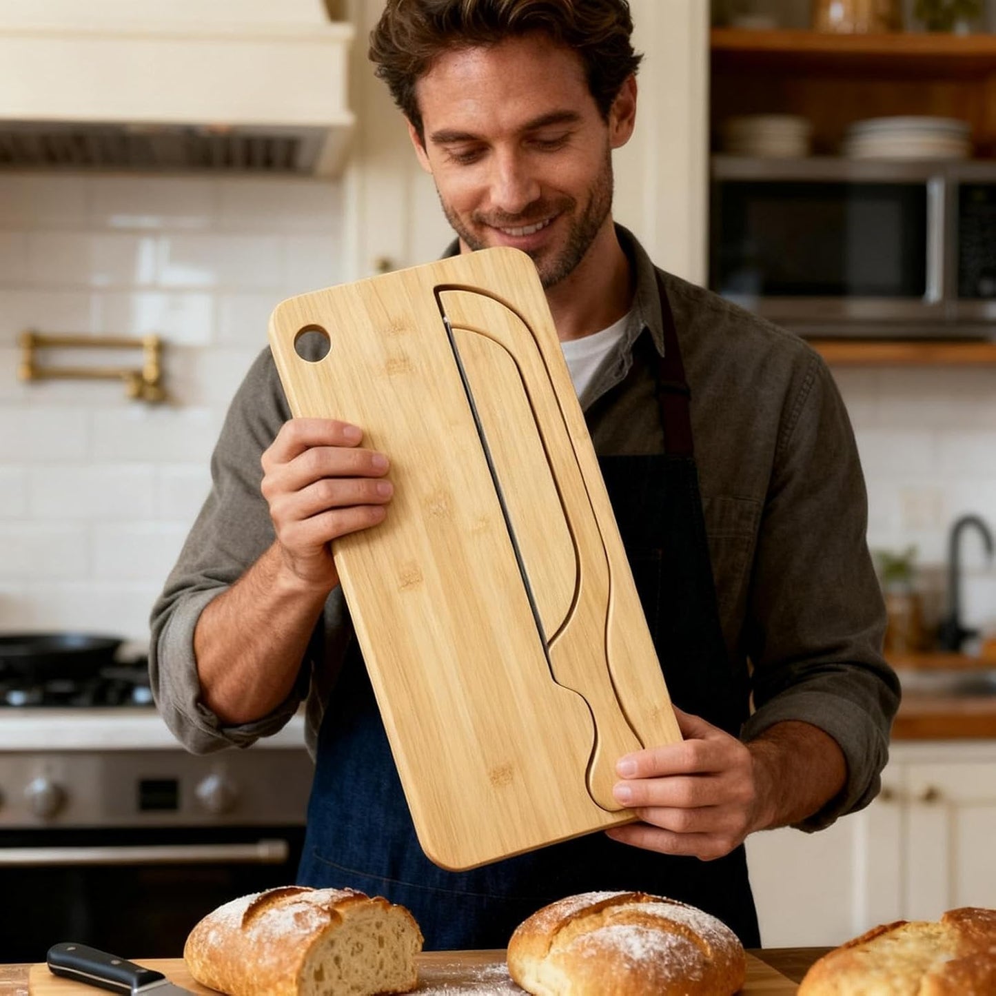 Bread Bow Knife 8 Inch - With Matching Crumb Tray, Universal Left Right Handed Design, Serrated Steel Blade, Rustic Farmhouse Kitchen Tool, Bagel Loaf Slicing Gadget | for Bakers Restaurants