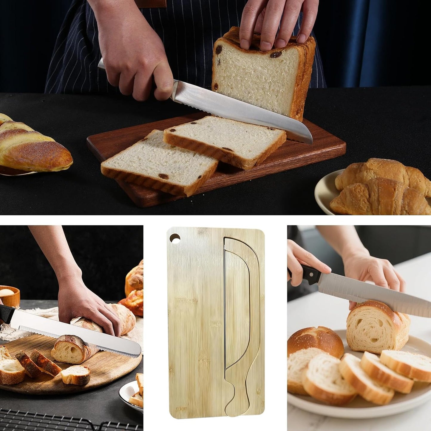 Bread Bow Knife 8 Inch - With Matching Crumb Tray, Universal Left Right Handed Design, Serrated Steel Blade, Rustic Farmhouse Kitchen Tool, Bagel Loaf Slicing Gadget | for Bakers Restaurants