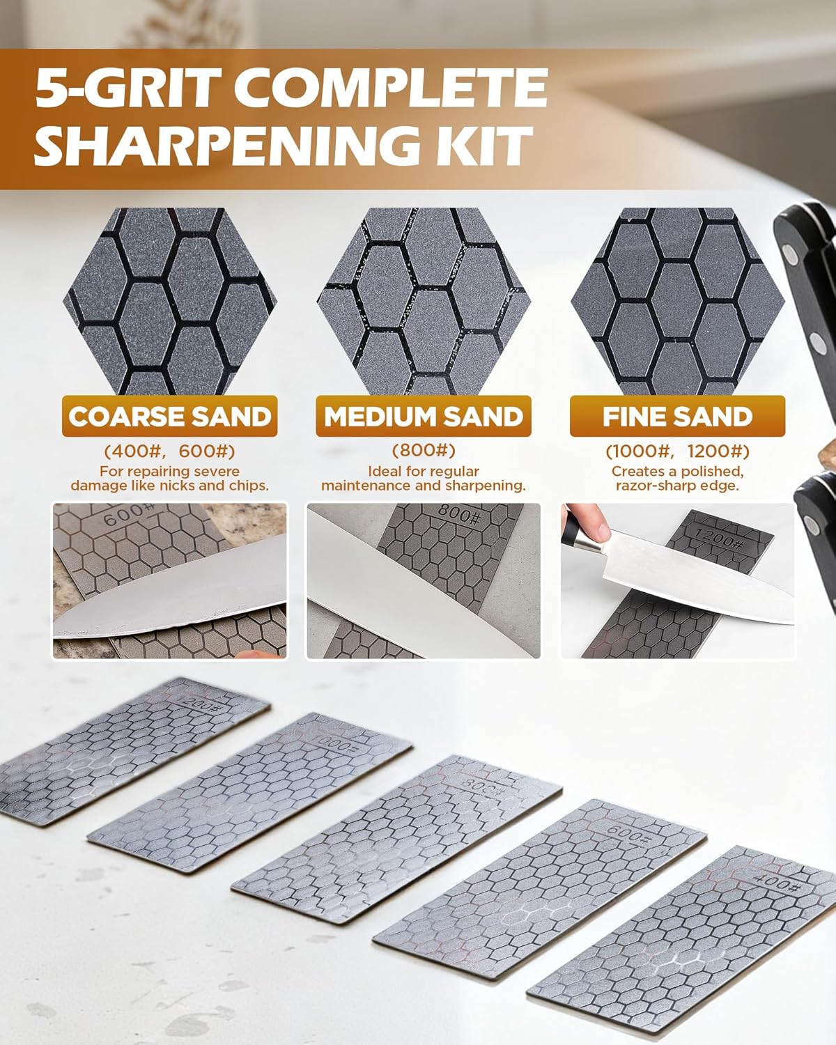 Diamond Sharpening Plate, 5PCS 400/600/800/1000/1200 Grit Diamond Sharpening Stone Set with Non-Slip Base, Diamond Plate Sharpening Stone for Scissors Pocket Knife Kitchen Sharpening Tools