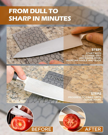 Diamond Sharpening Plate, 5PCS 400/600/800/1000/1200 Grit Diamond Sharpening Stone Set with Non-Slip Base, Diamond Plate Sharpening Stone for Scissors Pocket Knife Kitchen Sharpening Tools