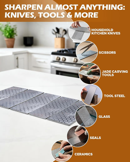 Diamond Sharpening Plate, 5PCS 400/600/800/1000/1200 Grit Diamond Sharpening Stone Set with Non-Slip Base, Diamond Plate Sharpening Stone for Scissors Pocket Knife Kitchen Sharpening Tools