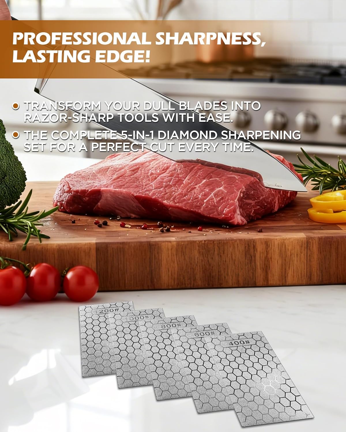 Diamond Sharpening Plate, 5PCS 400/600/800/1000/1200 Grit Diamond Sharpening Stone Set with Non-Slip Base, Diamond Plate Sharpening Stone for Scissors Pocket Knife Kitchen Sharpening Tools