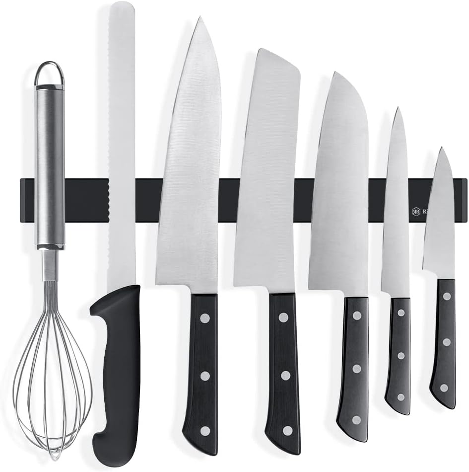 Magnetic Knife Strip No Drilling, Kitchen Knife Magnetic Holder for Wall, Kitchen Accessories Organizer Bar or Used in Organizing Tools (Stainless Steel-12 inch, Black)
