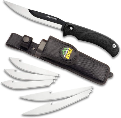 RazorMax - Replaceable Fixed Blade Hunting Knife with 3.5" Drop-Point, 5" Boning/Fillet Blades, Belt Sheath and Detachable Blade Carrier (Black, 6 Blades)