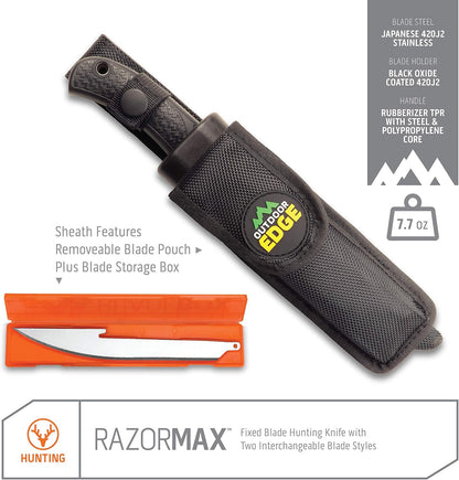 RazorMax - Replaceable Fixed Blade Hunting Knife with 3.5" Drop-Point, 5" Boning/Fillet Blades, Belt Sheath and Detachable Blade Carrier (Black, 6 Blades)