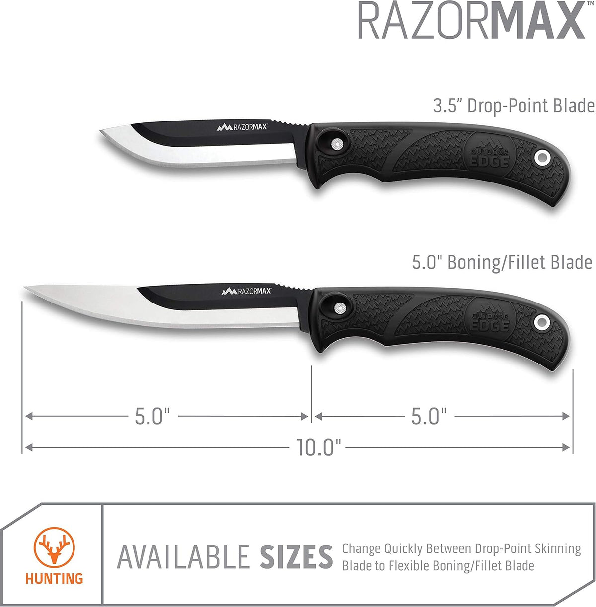 RazorMax - Replaceable Fixed Blade Hunting Knife with 3.5" Drop-Point, 5" Boning/Fillet Blades, Belt Sheath and Detachable Blade Carrier (Black, 6 Blades)