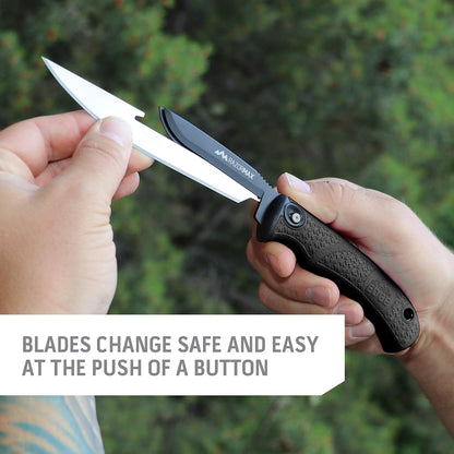 RazorMax - Replaceable Fixed Blade Hunting Knife with 3.5" Drop-Point, 5" Boning/Fillet Blades, Belt Sheath and Detachable Blade Carrier (Black, 6 Blades)