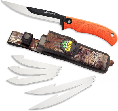 RazorMax - Replaceable Fixed Blade Hunting Knife with 3.5" Drop-Point, 5" Boning/Fillet Blades, Belt Sheath and Detachable Blade Carrier (Black, 6 Blades)