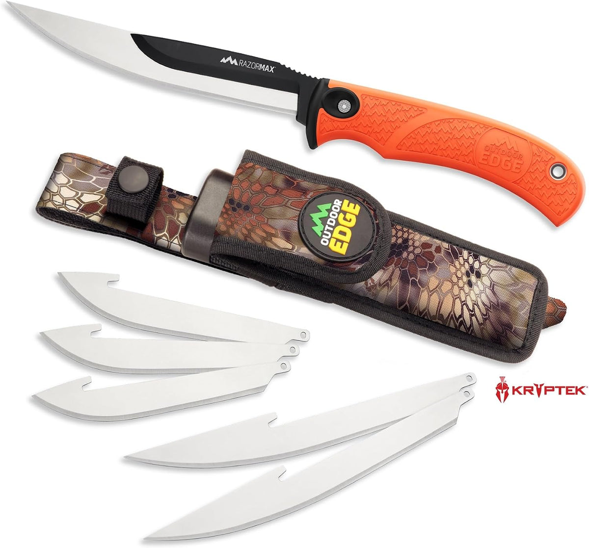 RazorMax - Replaceable Fixed Blade Hunting Knife with 3.5" Drop-Point, 5" Boning/Fillet Blades, Belt Sheath and Detachable Blade Carrier (Black, 6 Blades)