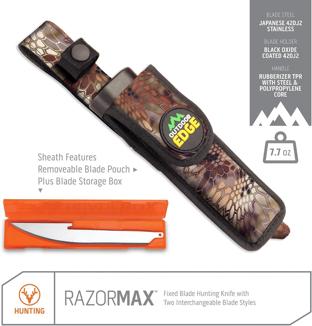 RazorMax - Replaceable Fixed Blade Hunting Knife with 3.5" Drop-Point, 5" Boning/Fillet Blades, Belt Sheath and Detachable Blade Carrier (Black, 6 Blades)