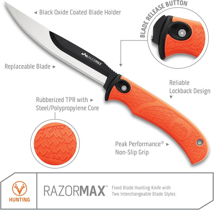 RazorMax - Replaceable Fixed Blade Hunting Knife with 3.5" Drop-Point, 5" Boning/Fillet Blades, Belt Sheath and Detachable Blade Carrier (Black, 6 Blades)