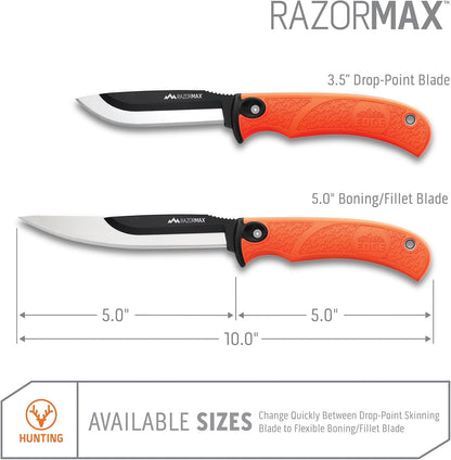 RazorMax - Replaceable Fixed Blade Hunting Knife with 3.5" Drop-Point, 5" Boning/Fillet Blades, Belt Sheath and Detachable Blade Carrier (Black, 6 Blades)