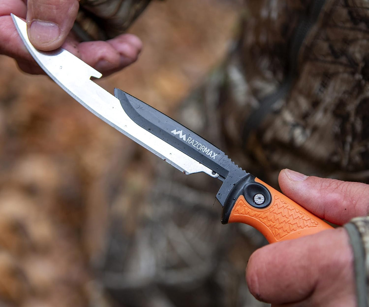 RazorMax - Replaceable Fixed Blade Hunting Knife with 3.5" Drop-Point, 5" Boning/Fillet Blades, Belt Sheath and Detachable Blade Carrier (Black, 6 Blades)
