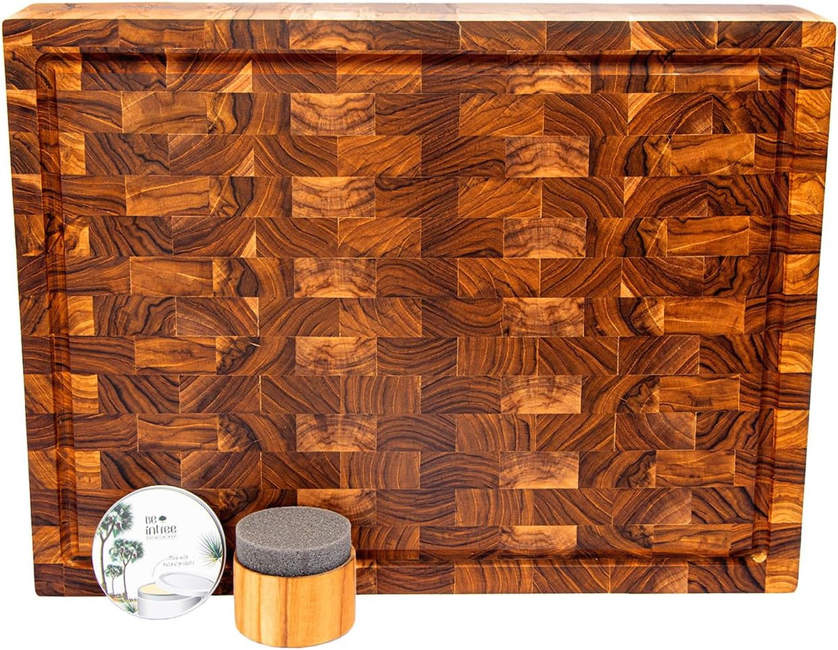 Premium Teak Wood Butcher Block Cutting Board Set - Complete Set with End Grain Board, Wood Wax & Applicator - Ideal Cutting Board Set for Home Cooks & Chefs. Improve your Cooking Experience Today