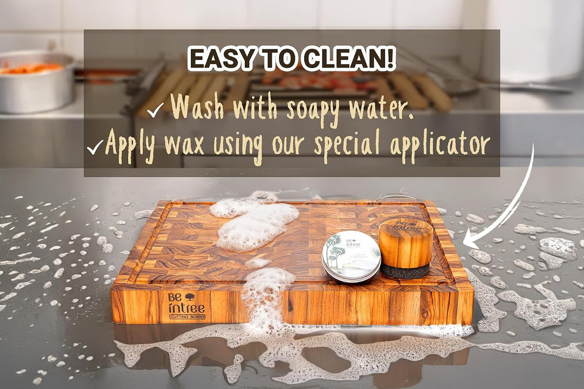 Premium Teak Wood Butcher Block Cutting Board Set - Complete Set with End Grain Board, Wood Wax & Applicator - Ideal Cutting Board Set for Home Cooks & Chefs. Improve your Cooking Experience Today